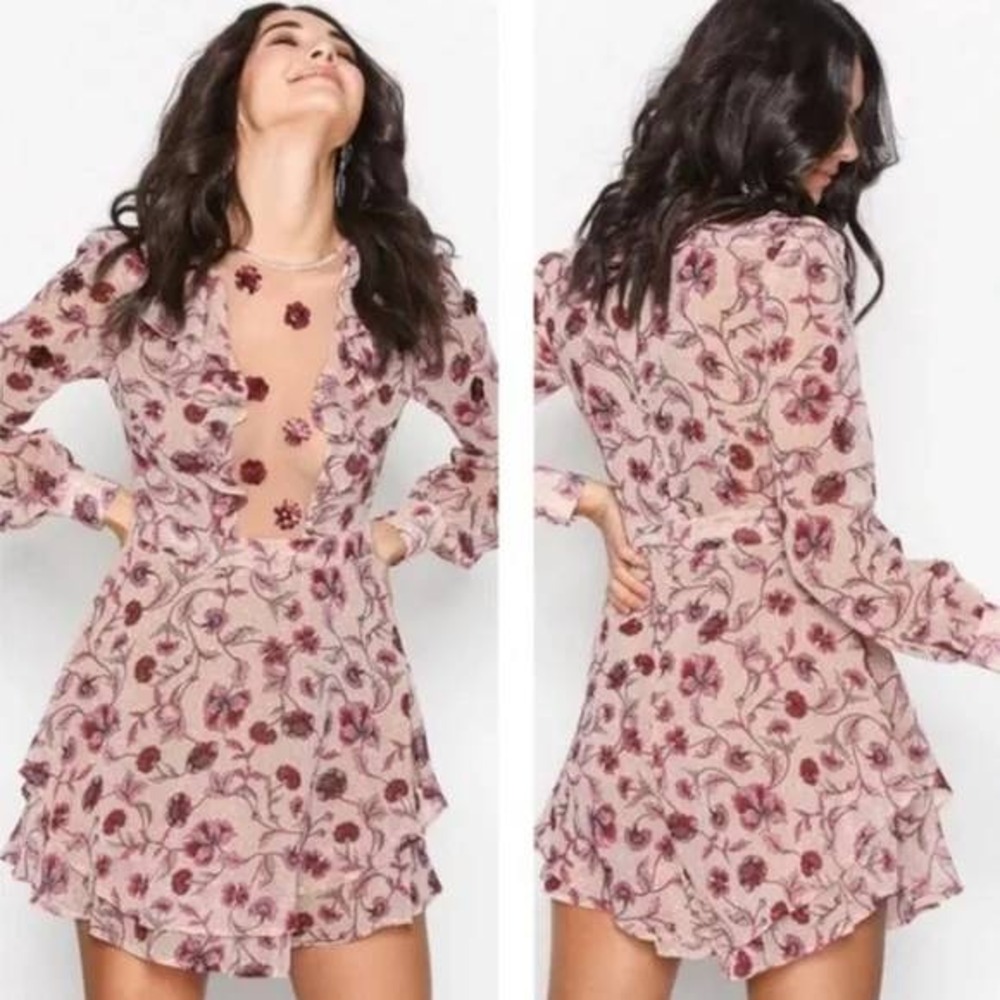 For Love and Lemons Floral Mesh Ruffle Agnes Mini Dress Pink Burgundy‎ Sleeve L